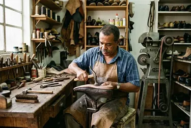 Sapateiro reformando um sapato social em Nilópolis.