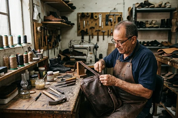 Sapateiro reformando uma bolsa de couro em Nilópolis.