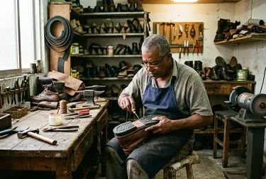 Sapateiro realizando a troca de solado em um sapato em Nilópolis.