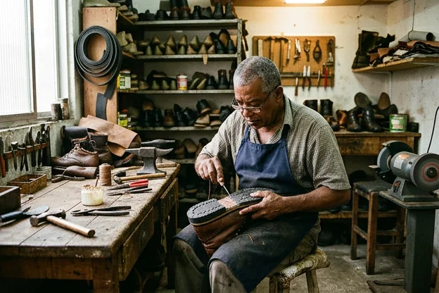Sapateiro realizando a troca de solado em um sapato em Nilópolis.