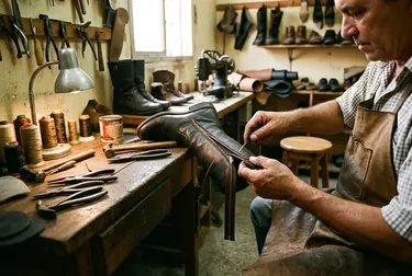Sapateiro consertando o zíper de uma bota em Nilópolis.