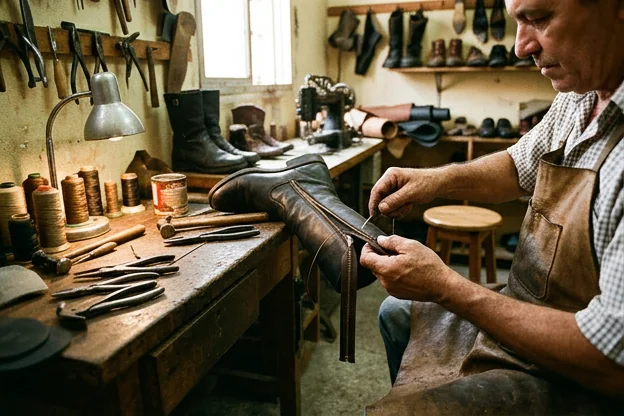 Sapateiro consertando o zíper de uma bota em Nilópolis.
