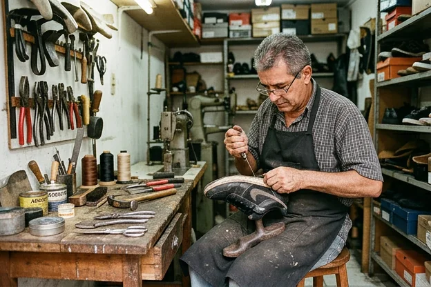 Sapateiro fazendo reparo em um tênis em Nilópolis.